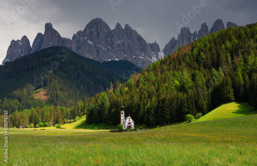 Summer image of the Church of San Giovanni in Ranui, Santa Maddalena, Puez Odle Natural Park, Italy, Europe	 photo