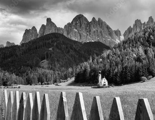 Summer image of the Church of San Giovanni in Ranui, Santa Maddalena, Puez Odle Natural Park, Italy, Europe	 photo