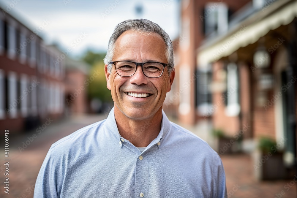 Headshot portrait photography of a satisfied mature man smiling against a historic colonial village background. With generative AI technology Headshot portrait photography of a satisfied mature man smiling against a historic colonial village background. With generative AI technology