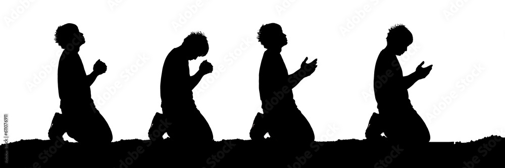 silhouettes of people praying to god on white background
