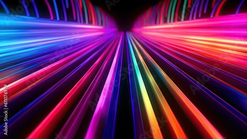 Abstract panoramic background with colorful spectrum. Bright colorful neon rays and glowing lines. Created with Generative Ai Technology