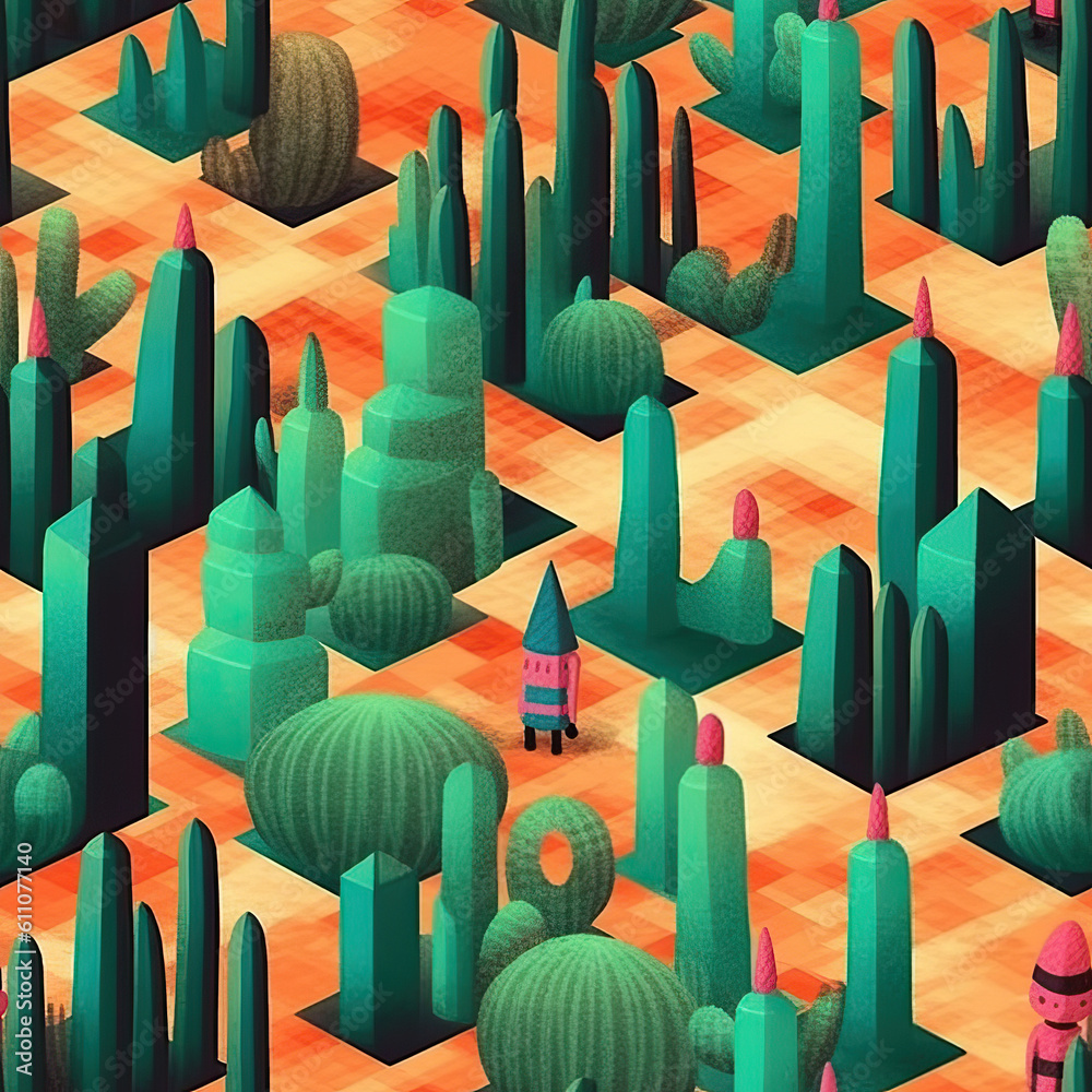 Obraz premium Cactuses and succulents seamless repeat pattern, cute cartoon boho [Generative AI] 
