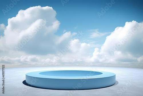 Blue podium on blue sky background with white clouds. 3D rendering, generative Ai © Angus.YW