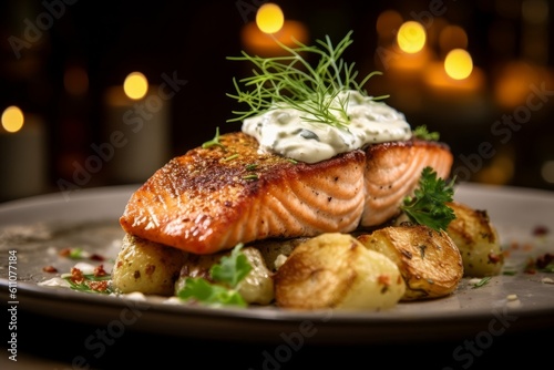 Salmon steak with baked potatoes and tartar sauce on a plate, generative Ai