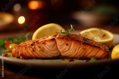 Grilled salmon fillet with lemon and herbs on plate, closeup, generative Ai