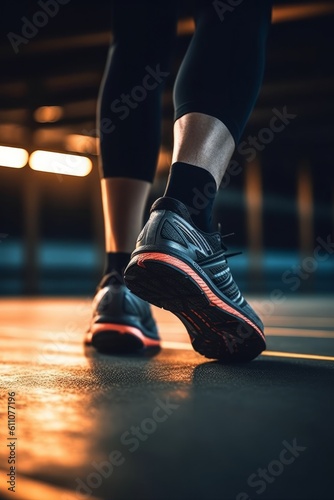 Low section of woman in sports shoes standing on floor at sports center, generative Ai