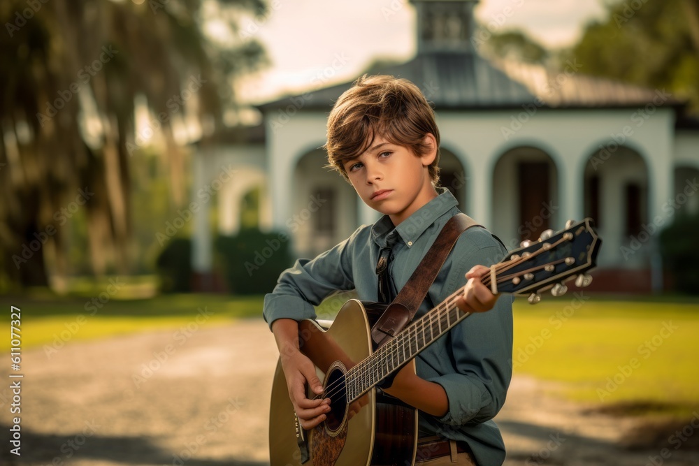 Headshot portrait photography of a glad kid male playing the guitar against a historic plantation background. With generative AI technology Headshot portrait photography of a glad kid male playing the guitar against a historic plantation background. With generative AI technology