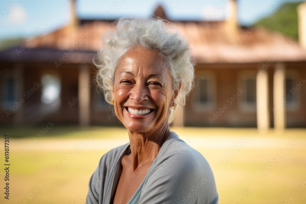 Close-up portrait photography of a grinning mature girl practicing yoga against a historic plantation background. With generative AI technology Close-up portrait photography of a grinning mature girl practicing yoga against a historic plantation background. With generative AI technology