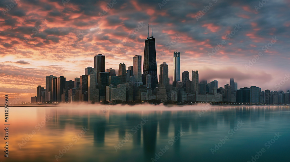 spectacular image of chicago skyline at sunset. AI-generated