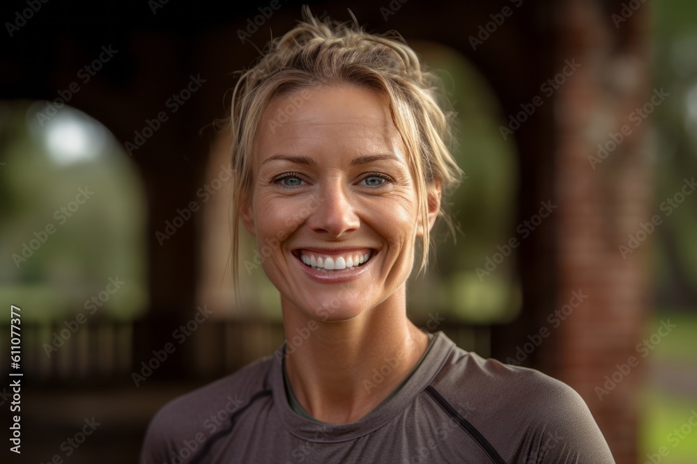 Close-up portrait photography of a grinning mature girl working out against a historic plantation background. With generative AI technology Close-up portrait photography of a grinning mature girl working out against a historic plantation background. With generative AI technology