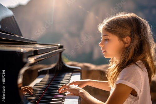 Close-up portrait photography of a grinning mature girl playing the piano against a scenic canyon background. With generative AI technology