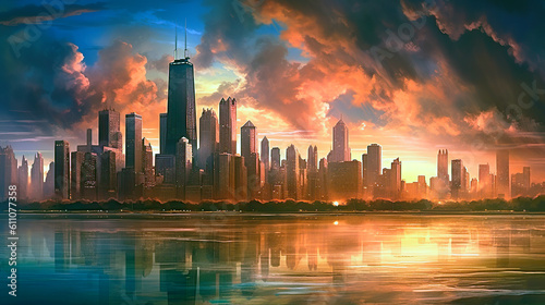 image of chicago skyline at sunset. AI-generated