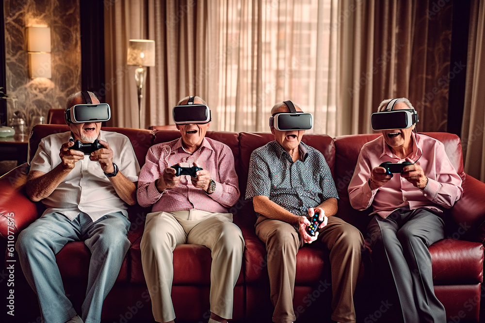 group of elderly people wearing virtual reality goggles, playing video games. AI-generated