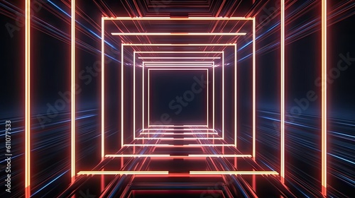 Abstract geometric background with neon rectangular frame inside the dark empty room and glowing laser labyrinth lines on the walls. Futurist. Abstract background created with Generative Ai Technology