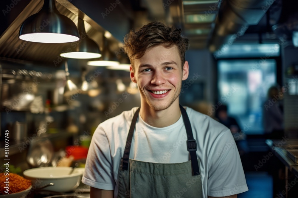Close-up portrait photography of a grinning boy in his 30s cooking against a bustling cafe background. With generative AI technology