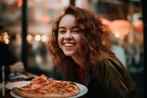 Close-up portrait photography of a joyful girl in her 30s eating a piece of pizza against a bustling cafe background. With generative AI technology