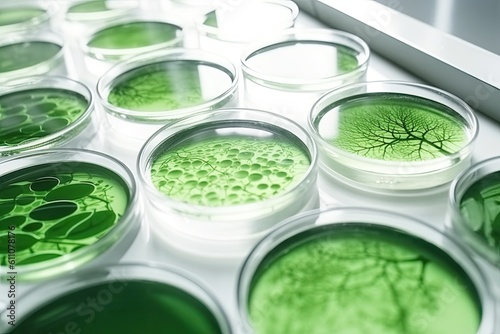 Algae, microalgae in petri dishes research in laboratories. biotechnology, science. Flat lay, top view. Macro. Biofuel research process in laboratory. Generative AI photo