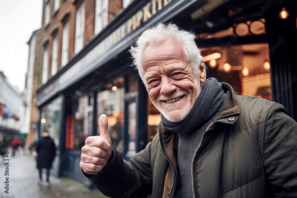 Medium shot portrait photography of a glad mature man showing ok gesture against a lively pub background. With generative AI technology Medium shot portrait photography of a glad mature man showing ok gesture against a lively pub background. With generative AI technology