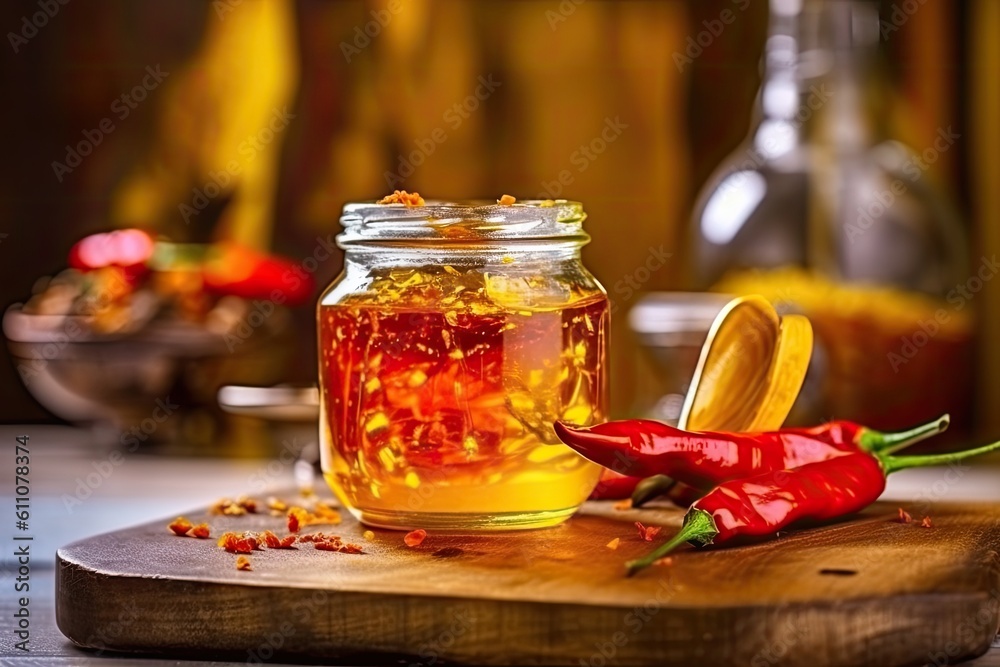 Jar of hot honey and dry chili peppers on table. Generative AI Jar of hot honey and dry chili peppers on table. Generative AI