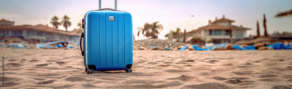 Blue luggage on beach ready to go on vacation , Travel concept