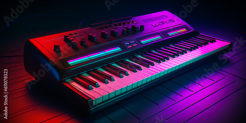 Captivating digital representation of a vibrant 80s synth, with pulsating energy emanating from keys, evoking emotions & stirring nostalgia. Perfect for music enthusiasts! (). Generative AI