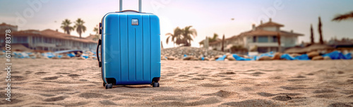 Blue luggage on beach ready to go on vacation , Travel concept