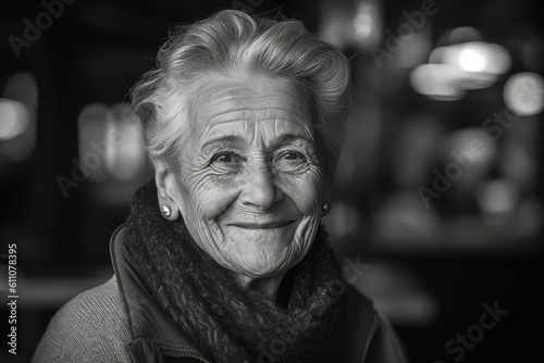 Close-up portrait photography of a tender old woman smiling against a lively pub background. With generative AI technology