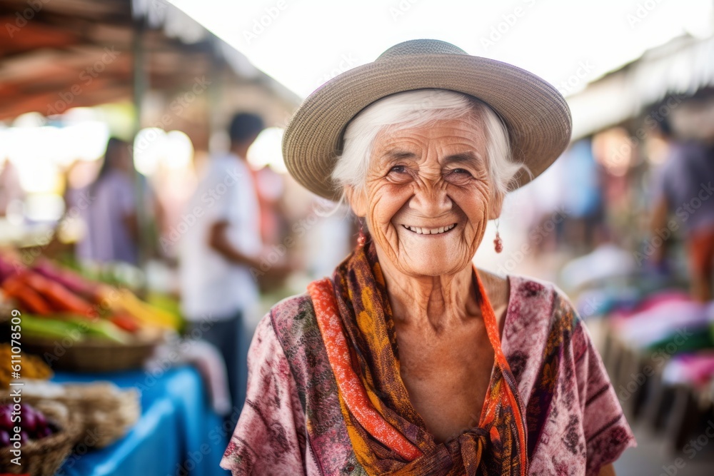 Close-up portrait photography of a happy old woman walking against a vibrant farmer's market background. With generative AI technology