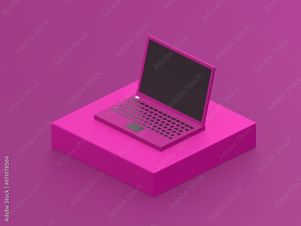 Isometric pink laptop on pink box and background. Icon or symbol. 3d illustration. Isometric pink laptop on pink box and background. Icon or symbol. 3d illustration.