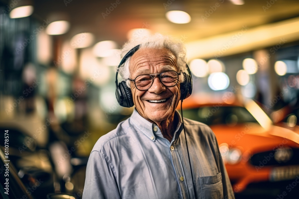 Medium shot portrait photography of a happy old man listening to music