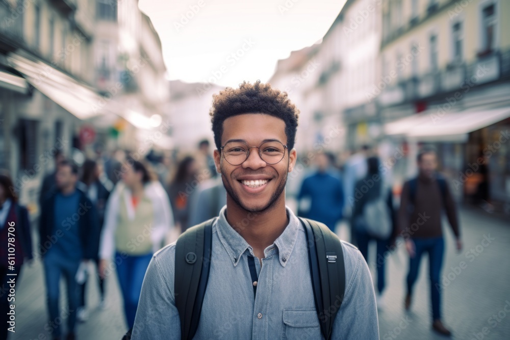 Fototapeta premium Medium shot portrait photography of a grinning boy in his 30s walking against a bustling city square background. With generative AI technology