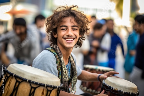 Headshot portrait photography of a grinning boy in his 30s playing the drum against a bustling city square background. With generative AI technology
