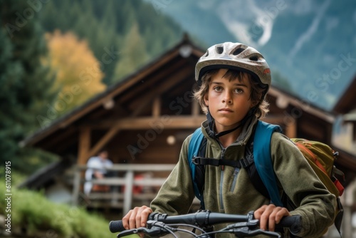 Medium shot portrait photography of a glad kid male riding a bike against a picturesque mountain chalet background. With generative AI technology