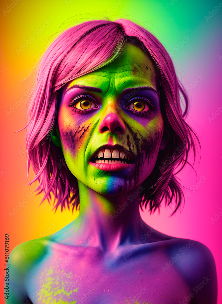 Fashionable portrait of a beautiful zombie girl with bright makeup on a colored background. Halloween. Generative AI.