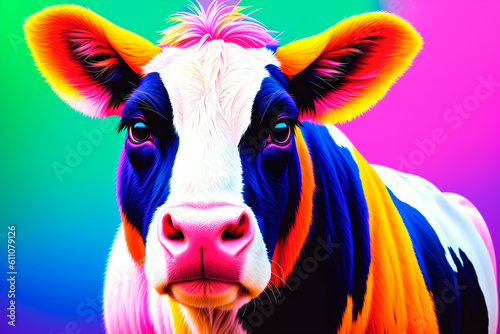 Portrait of a colorful cow on a bright background. Generative AI.