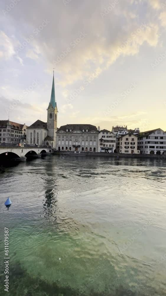 Vertical video of the old town of Zurich on the banks of the Limago river in Switzerland. Vertical video of the old town of Zurich on the banks of the Limago river in Switzerland.