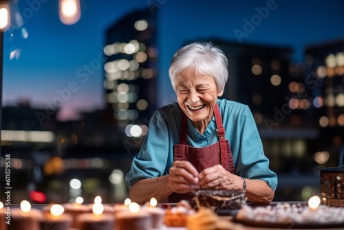 Headshot portrait photography of a grinning old woman making a cake against a lively rooftop bar background. With generative AI technology