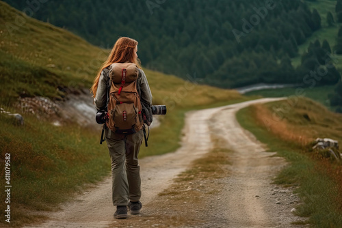 Hiking girl with backpack and camera on dirt road, Travel concept