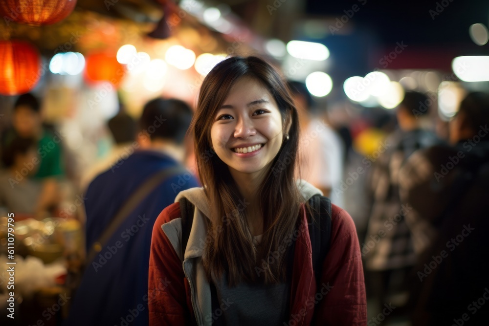 Photography in the style of pensive portraiture of a tender girl in her 30s smiling against a lively night market background. With generative AI technology