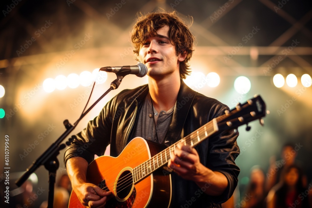 Obraz premium Headshot portrait photography of a glad boy in his 30s playing the guitar against a lively festival ground background. With generative AI technology