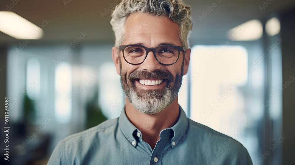 Obraz premium Middle aged businessman, confident businessman standing in front of office, smiling at camera. Created with Generative AI technology.