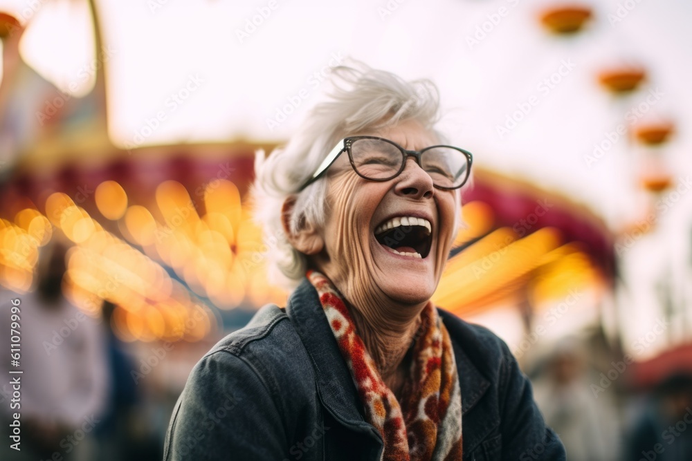 Headshot portrait photography of a joyful old woman laughing against a lively festival ground background. With generative AI technology