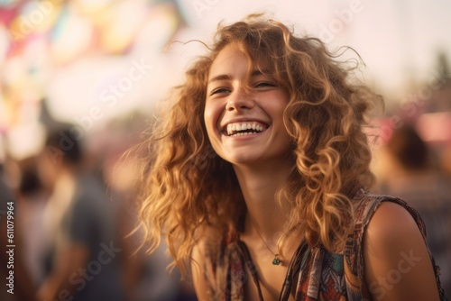 Close-up portrait photography of a happy girl in her 30s smiling against a lively festival ground background. With generative AI technology