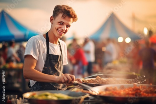 Lifestyle portrait photography of a tender boy in his 30s cooking against a lively festival ground background. With generative AI technology
