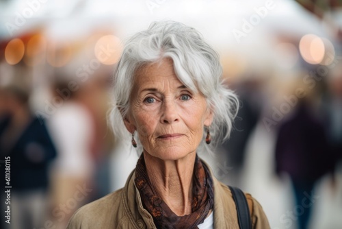 Close-up portrait photography of a glad mature girl walking against a bustling art fair background. With generative AI technology