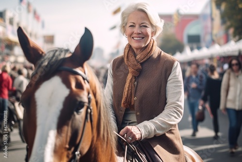 Environmental portrait photography of a grinning mature woman riding a horse against a bustling art fair background. With generative AI technology