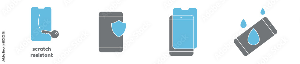 Smartphone guard modern circular icon set, screen protector concept, mobile glass protection icons, device safety emblems, anti scratch gadget symbols isolated on white background