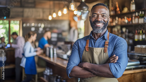 Successful small business owner standing with crossed arms with employees in background.?reated with Generative AI technology. © MP Studio