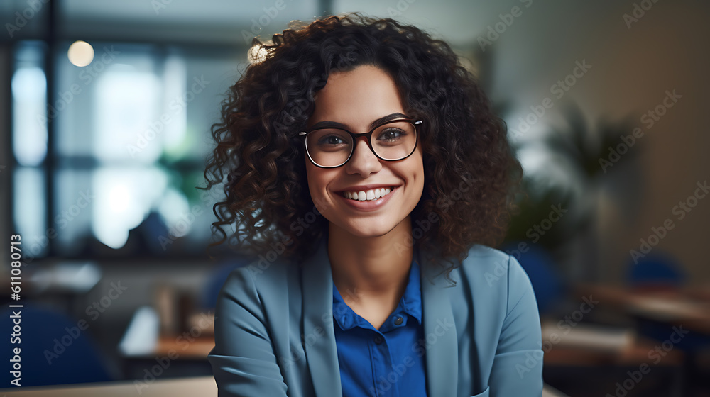 Close up portrait of young beautiful woman smiling while working with laptop in office.Created with Generative AI technology. Close up portrait of young beautiful woman smiling while working with laptop in office.Created with Generative AI technology.