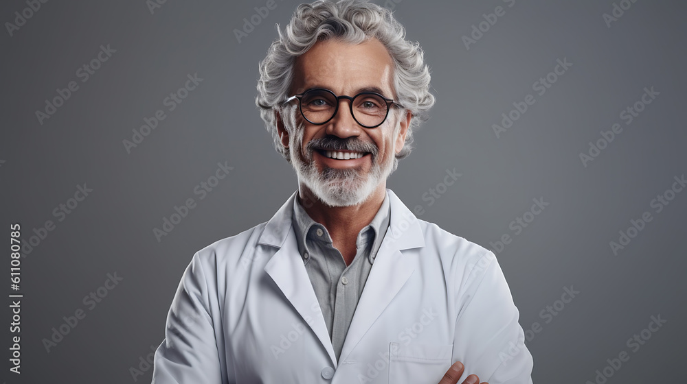 Obraz premium Smiling middle-aged doctor standing in a medical uniform against a gray wall.Created with Generative AI technology.